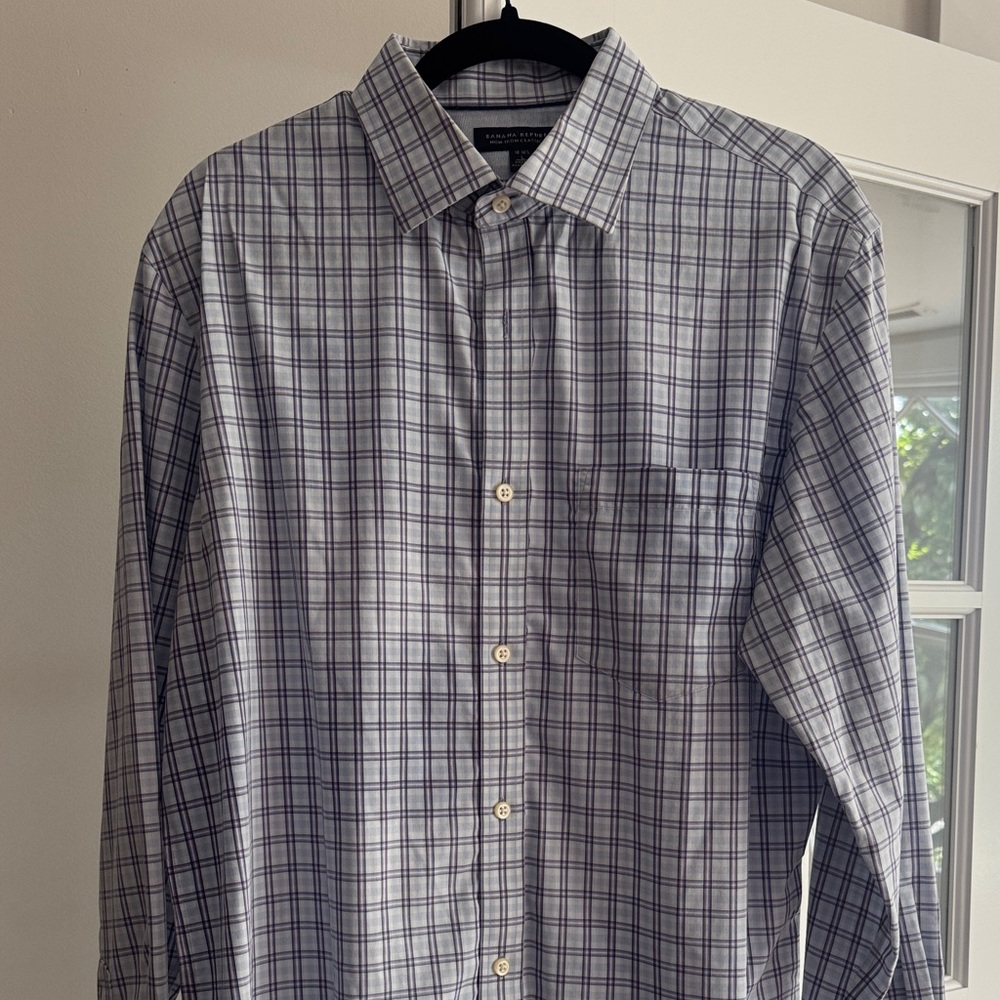 Banana Republic Men's Blue and Gray Plaid Shirt